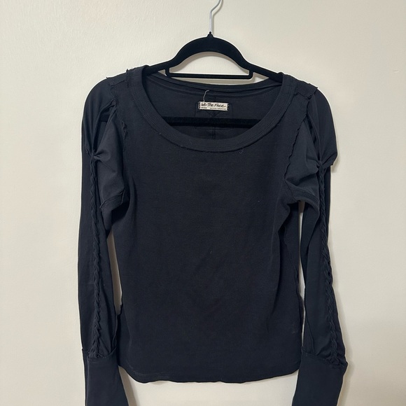 Free People We The Free Daisy Ribbed Braided Cotton Navy Long Sleeve Shirt - Picture 3 of 5